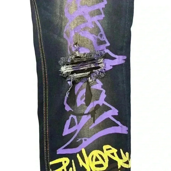 Mac Keen Men's Distressed Colorful Graffiti Jeans Dark Wash Size 34, Pre-Owned - Picture 4 of 13